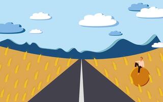 A farmer sits on a haystack in a wheat field watching the road leading to the mountains. vector