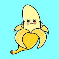 A cartoon Banana with an expressive face is shown peeled open against a soft blue backdrop, cute. vector