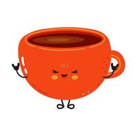 Orange cartoon Coffee Cup character with funny face showing rock gesture with hands, winking and sticking out tongue vector