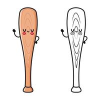 Smiling kawaii baseball bat with rosy cheeks, radiating cheerful energy in colorful and monochrome variations, ideal for whimsical graphics vector