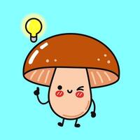 Cartoon Mushroom having a good idea and winking, with light bulb over its head, on a light blue background vector