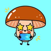 Cheerful Mushroom character grasping tablet, sporting star-shaped eyes, delivering playful cartoon charm for kid-friendly design projects vector