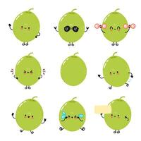 Charming cartoon illustrations of green Olive displaying varied emotions and doing exercises. vector
