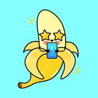 A cheerful Banana cartoon character using a smartphone with star-shaped eyes, on a blue background. vector