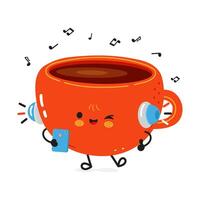Animated Coffee Cup with headphones and smartphone enjoying the music on a white background. vector