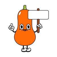 Cartoon Butternut Squash character holds a blank sign for your message. vector