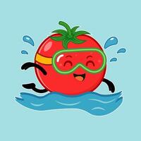 A happy Tomato character is enjoying a swim in the water on a sunny day. vector