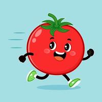 A cartoon Tomato runs with a big smile on its face against a blue backdrop. vector