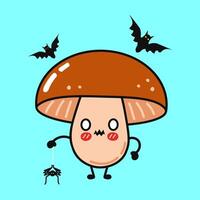 Cartoon Mushroom holding spider on string with two bats flying in the background celebrating halloween vector