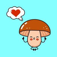 Loving cartoon Mushroom meditating in lotus pose, floating heart thought bubble above blue backdrop vector