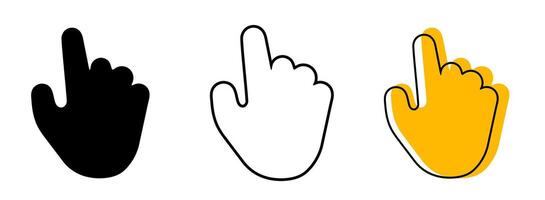 Hand Cursor Icon Set. Black Silhouette, Outline, and Yellow shape Illustrations for Pointer, Click, Select, and Web Navigation. Hand Cursor or hand Click Outline, and Silhouette icon. vector
