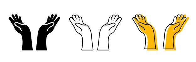 Open Hands Icon Set. Black Silhouette Outline Illustrations for Giving, Receiving, Support, Hope, Prayer, and Generosity Concepts. care Open Hands Outline, and Silhouette icon. vector