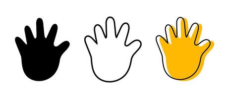 Handprint Icon Set. Black Silhouette, Outline, and Yellow Shape Illustrations for Baby Print, Child Safety, Support, and Creative Art. Handprint Outline, and Silhouette icon. vector