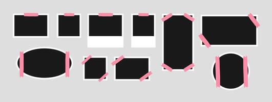 A Set of Blank Photo Frames with Pink Tape, Including Rectangular, Square, and Oval Shapes. Blank Photo Frames bundle. vector
