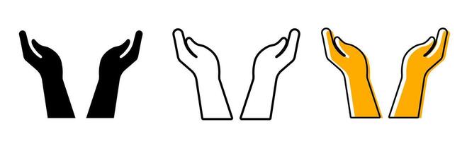 Open Hands Icon Set. Black Silhouette and Outline Illustrations for Giving, Receiving, Support, Hope, Prayer, and Generosity Concepts. care Open Hands Outline, and Silhouette icon. vector