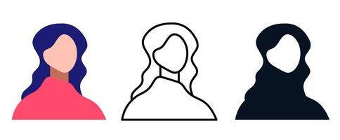 Diverse Anonymous Female, girl, women User Avatars Flat Design, Outline, and Silhouette Icon set illustration for used Web and Apps. Outline, and Silhouette Icons vector