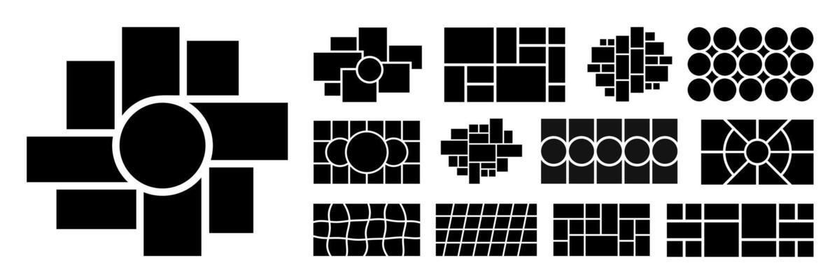 A Collection of Black and White Photo Collage Templates with Various Geometric Shapes and Layouts. A Black and White Abstract Grid Pattern with Wavy Lines. Black and White Photo Collage bundle.