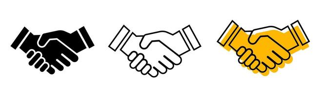 Handshake Icon Set. Solid Black, Outline, and Yellow Color Fill Illustrations for Agreement, Partnership, Deal, and Business Concepts. Handshake Outline, and Silhouette icon. vector