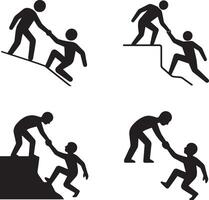 Helping person up from fall in flat black silhouette design set illustration bundle vector