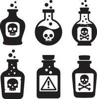 Potion bottle bundle in flat black silhouette design with toxic warning icons set illustration vector