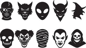 Horror monster face bundle in flat black silhouette illustration set featuring classic spooky characters vector