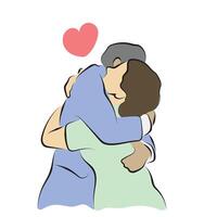 Man hugs his girlfriend illustration hand drawn with black lines isolated on white background. vector