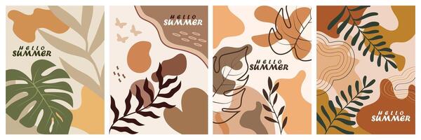 Vibrant and minimalist plant based cards with abstract leaves for creative posters, covers, ads, banners, and brand label designs vector