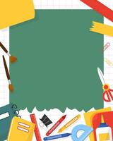 Colorful frame with notebooks, ruler, pencils, glue, scissors, paintbrushes and stationery. Green chalkboard and graph paper background. Back to school border for text or photo. illustration. vector