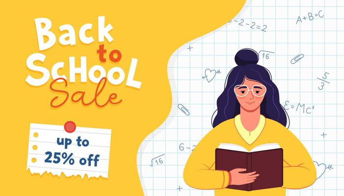 Back to school sale promo banner. Young girl student reading book. Graph paper with handwritten math formulas background. Discount offer web advertising poster. Education concept. illustration.