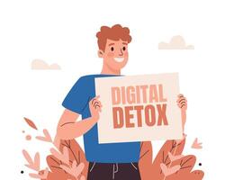 Man with Digital Detox Sign, Day Free of Devices. vector