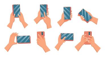 Hands Holding Smartphone in Different Position Set vector