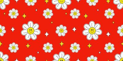 Cute Smiling Daisy Groovy Style Seamless Pattern in Red Background. vector