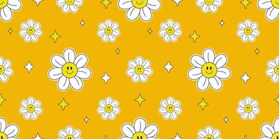 Cute Smiling Daisy Groovy Style Seamless Pattern in Yellow Background. vector