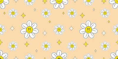 Cute Smiling Daisy Groovy Style Seamless Pattern in Peach Background. vector
