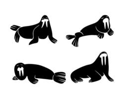 A set of cartoon walruses on a white background.Drawing of walrus silhouettes. vector