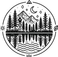 Minimalist Mountain and Forest Landscape in Circular Black and White Line Art Pro vector