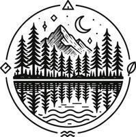 Black and White Line Art Nature Scene with Mountains, Forest, and Lake Reflection Pro vector