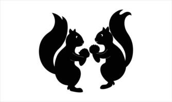 Two silhouettes of squirrels sharing acorns vector