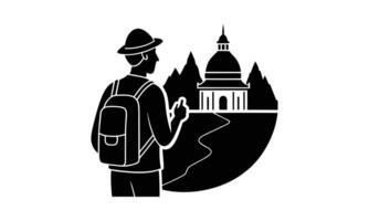 Tourist with backpack exploring ancient temple vector