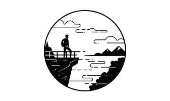 Adventurer on clifftop overlooking serene lake and mountains vector