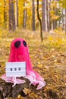 Lightbox BOO text Halloween holiday concept. Handmade pink ghost made from bandages and glue in autumn forest background. Children's art project. DIY concept. photo