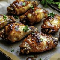 Succulent Chicken Wings Glazed with Sticky Barbecue Sauce on Rustic Wooden Tray photo