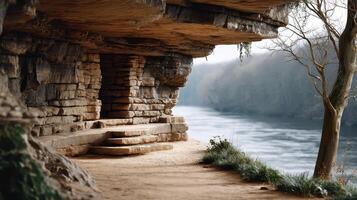 Serene Stone Steps Leading to River View Picturesque Rock Shelter Overlooking Calm Water photo