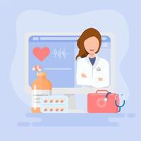 A woman in a white coat standing in front of a computer screen with a heart monitor and other vector