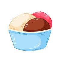 Colorful ice cream in blue bowl of with vanilla, chocolate and strawberry scoop in cartoon style. Perfect for cafe menu, package and sweet dessert design. vector
