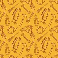 Seamless pattern with line art style tools, drill, hammer, pliers wrench and screwdriver on yellow background. Perfect for construction repair site, hardware store, market and industrial design. vector