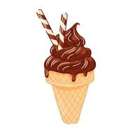 Dark chocolate ice cream cone with swirled creamy texture with wafer sticks in cartoon style. Refreshing summer dessert perfect for cafe menu, fruit concept and colorful food illustration. vector