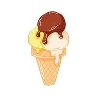 Ice cream cone with scoops of chocolate, vanilla and lemon flavor melting on top in a waffle cone isolated on white background. Perfect cartoon style design for summer dessert design and cafe logo. vector