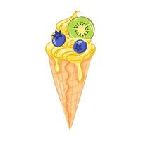 Lemon yellow ice cream cone with swirled creamy texture with kiwi slice and blueberry in cartoon style. Refreshing summer dessert perfect for sweet theme, fruit concept and colorful food illustration. vector