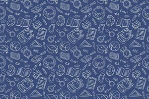 Back to school doodle pattern on blue background. Hand drawn stationary object of book, globe, pencil, backpack. Design for fabric, wrapping paper, wallpaper. vector